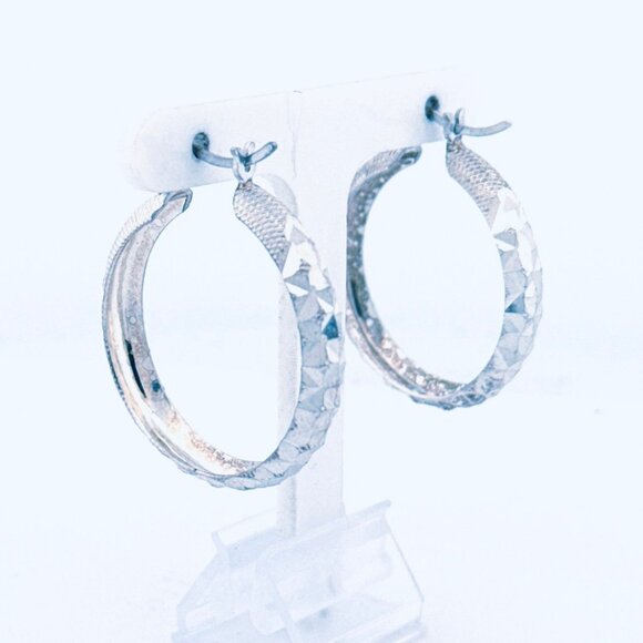Estate Vintage Sterling Silver Diamond-Cut Hoop Earrings 4.37g Textured Design - Picture 6 of 12